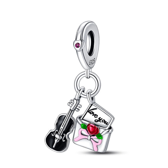 Sterling Silver Music Series Guitar Harp Bag Charm Beads Diy Jewelry Bracelet Accessories Dripping Oil Style
