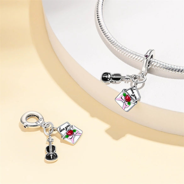 Sterling Silver Music Series Guitar Harp Bag Charm Beads Diy Jewelry Bracelet Accessories Dripping Oil Style