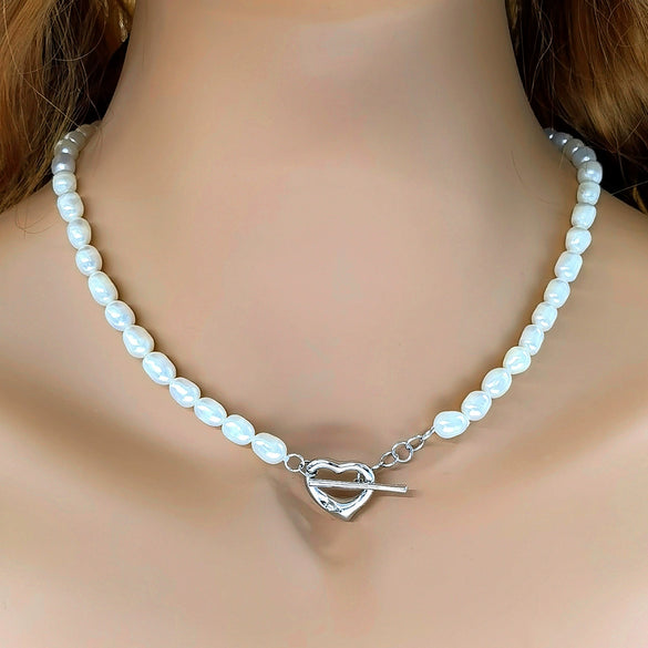 Sterling Silver Natural Freshwater Pearl Rice Bead Clavicle Chain With Geometric Design And Electroplating