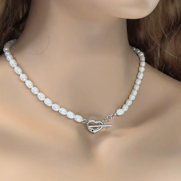 Sterling Silver Natural Freshwater Pearl Rice Bead Clavicle Chain With Geometric Design And Electroplating