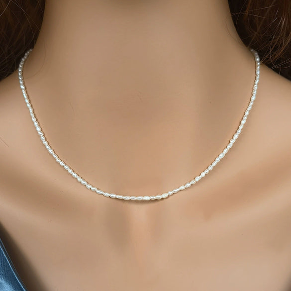 Sterling Silver Natural Freshwater Pearl Rice Bead Clavicle Chain With Geometric Design And Electroplating