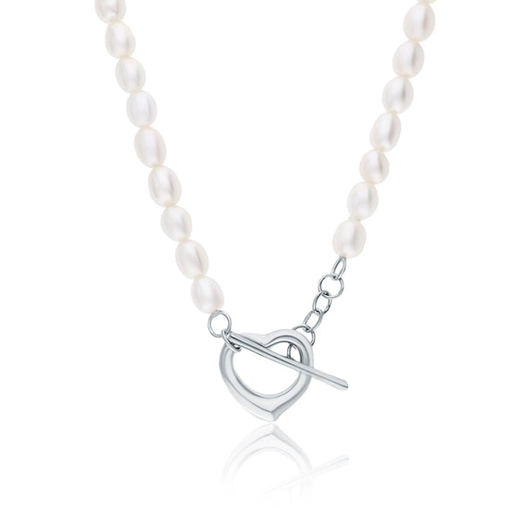 Sterling Silver Natural Freshwater Pearl Rice Bead Clavicle Chain With Geometric Design And Electroplating