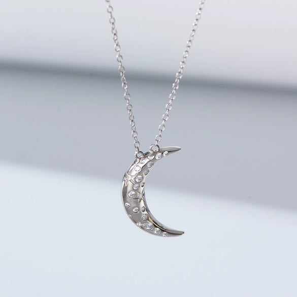 Sterling Silver Necklace With Diamond And Moon Geometric Design For Women