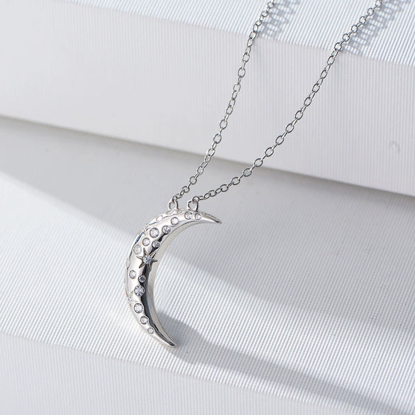 Sterling Silver Necklace With Diamond And Moon Geometric Design For Women