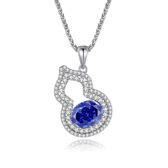 Sterling Silver Necklace With Tanzanite Gourd Pendant And Chopin Chain For Women Diamond Design Plant Flowers Style