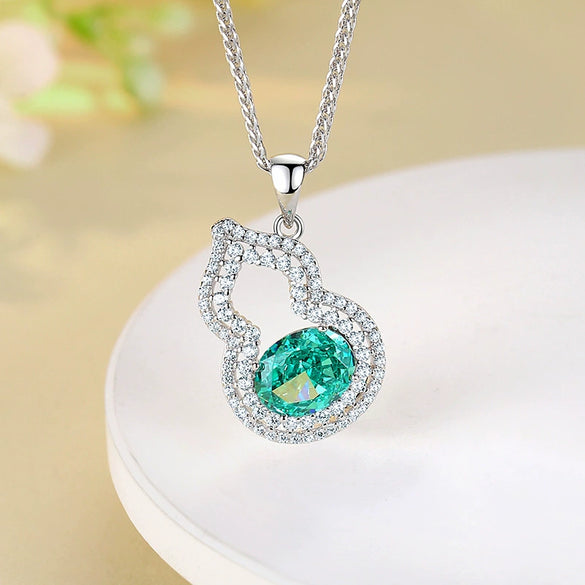 Sterling Silver Necklace With Tanzanite Gourd Pendant And Chopin Chain For Women Diamond Design Plant Flowers Style
