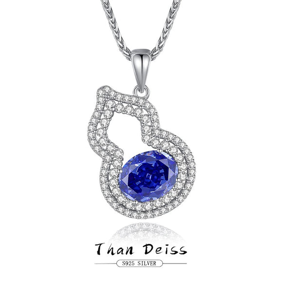 Sterling Silver Necklace With Tanzanite Gourd Pendant And Chopin Chain For Women Diamond Design Plant Flowers Style