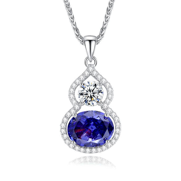 Sterling Silver Necklace With Tanzanite Gourd Pendant And Chopin Chain For Women Diamond Design Plant Flowers Style