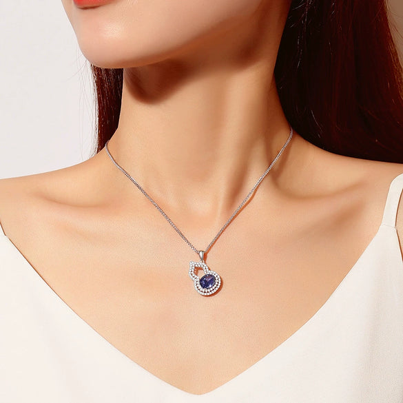Sterling Silver Necklace With Tanzanite Gourd Pendant And Chopin Chain For Women Diamond Design Plant Flowers Style