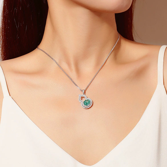 Sterling Silver Necklace With Tanzanite Gourd Pendant And Chopin Chain For Women Diamond Design Plant Flowers Style