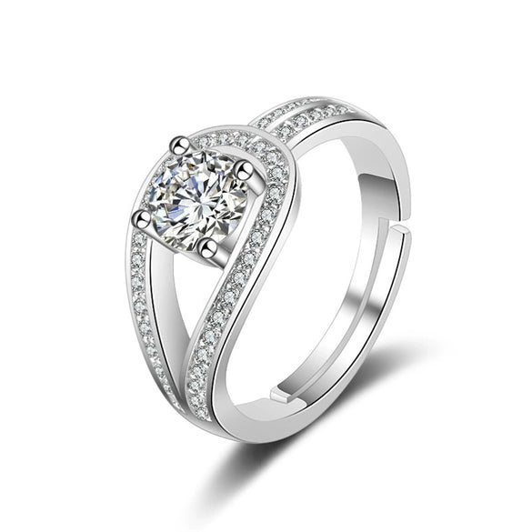 Sterling Silver Open Ring For Women With Geometric Zircon Four Claw Setting Electroplated Adjustable Fashion Jewelry