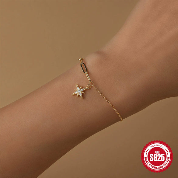 925 Sterling Silver Paper Clip Chain Star Diamond Pendant All Match Fashion Bracelet With Geometric Design And Real Gold Plated Electroplating For Women