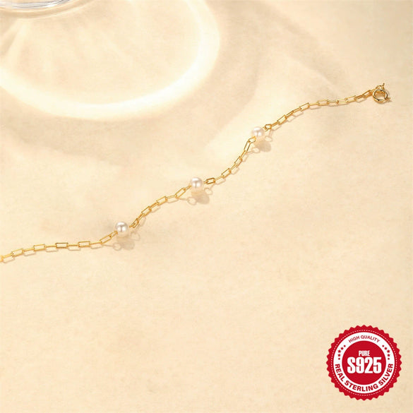 925 Sterling Silver Pearl Pclip Chain Bracelet With Geometric Pattern And Electroplating For Women Light Luxury Minimalist Design