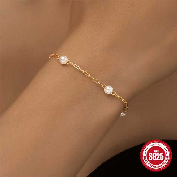 925 Sterling Silver Pearl Pclip Chain Bracelet With Geometric Pattern And Electroplating For Women Light Luxury Minimalist Design