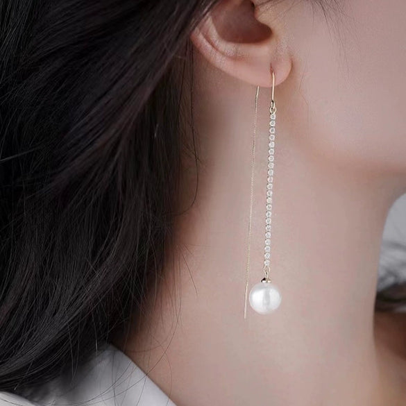 Sterling Silver Pearl Tassel Earrings For Women Simple Geometric Long Ear Line With Micro Inlay Elegant Fashion Jewelry