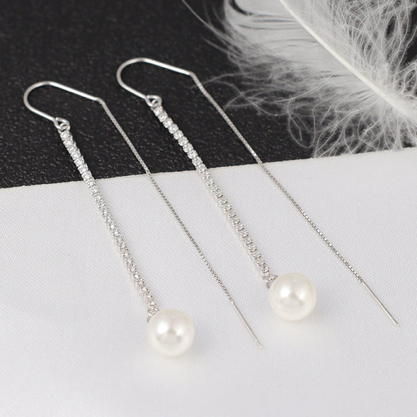 Sterling Silver Pearl Tassel Earrings For Women Simple Geometric Long Ear Line With Micro Inlay Elegant Fashion Jewelry