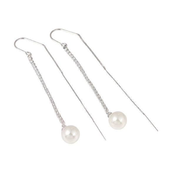 Sterling Silver Pearl Tassel Earrings For Women Simple Geometric Long Ear Line With Micro Inlay Elegant Fashion Jewelry