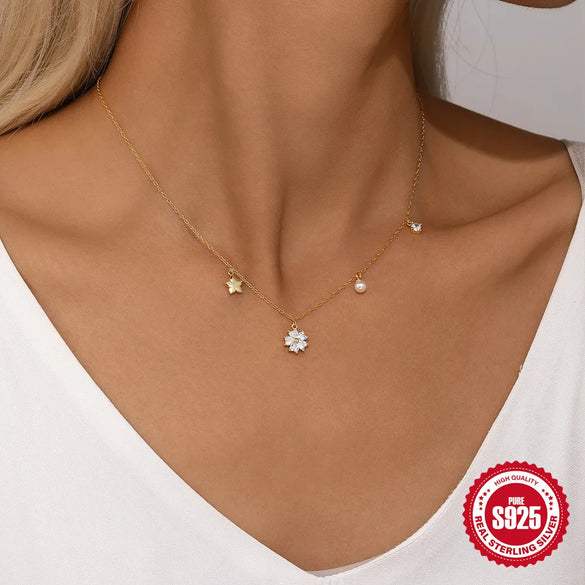 Sterling Silver Pearl Zircon Cable Chain Inlay Geometric Pendant Necklace