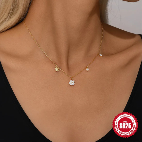 Sterling Silver Pearl Zircon Cable Chain Inlay Geometric Pendant Necklace