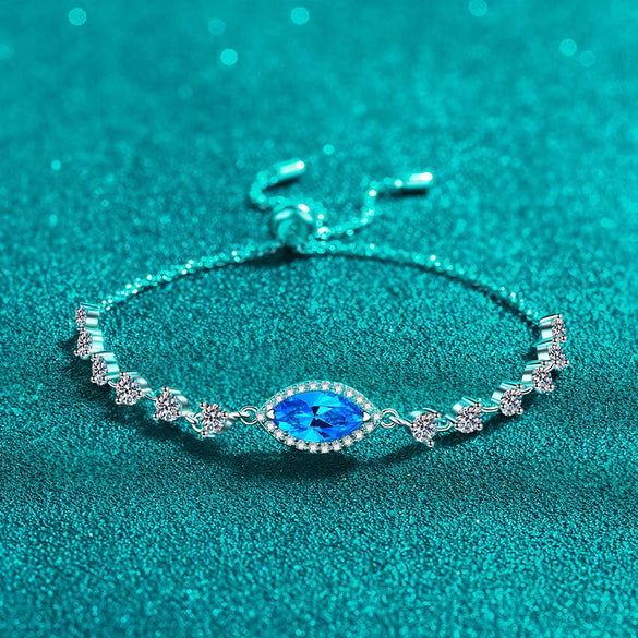 925 Sterling Silver Plated Bracelet With Sapphire Blue Horse Eye Moissanite Stretch Adjustment Electroplating Treatment Simple And Personalized For Women