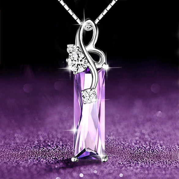 Sterling Silver Plated Four Leaf Clover Amethyst Diamond Ladies Necklace