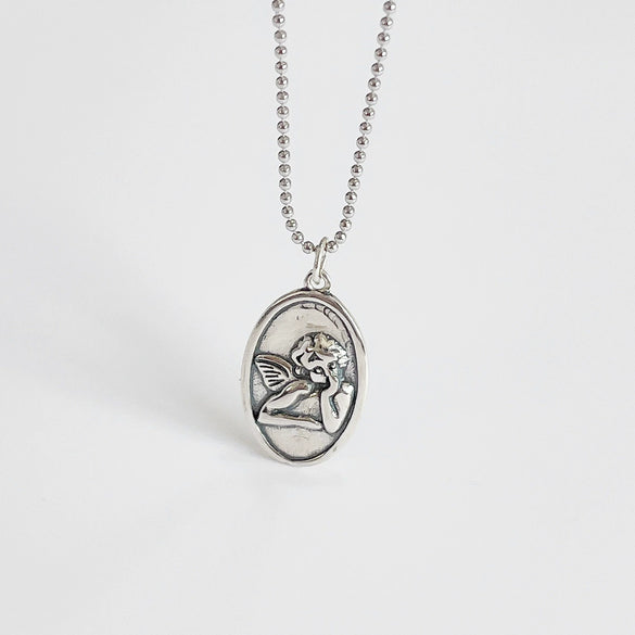 925 Sterling Silver Retro Distressed Guardian Angel Pendant Necklace
