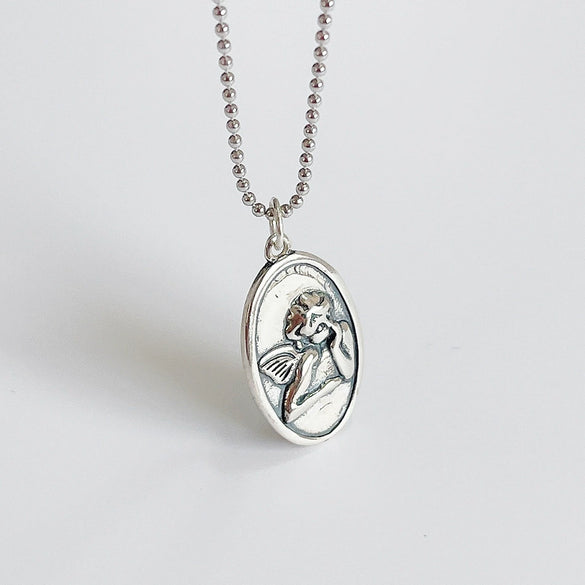 925 Sterling Silver Retro Distressed Guardian Angel Pendant Necklace
