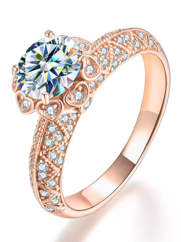 925 Sterling Silver Ring For Women With Petal Six Claw Design And Geometric Pattern Electroplated