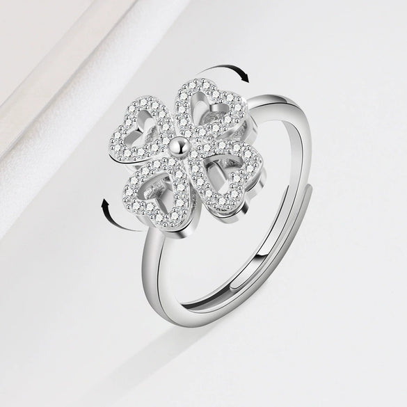 Sterling Silver Rotating Clover Ring For Women Electroplated Adjustable Open Band Anxiety Relief Spinner Ring