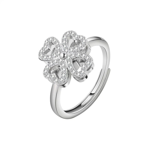 Sterling Silver Rotating Clover Ring For Women Electroplated Adjustable Open Band Anxiety Relief Spinner Ring