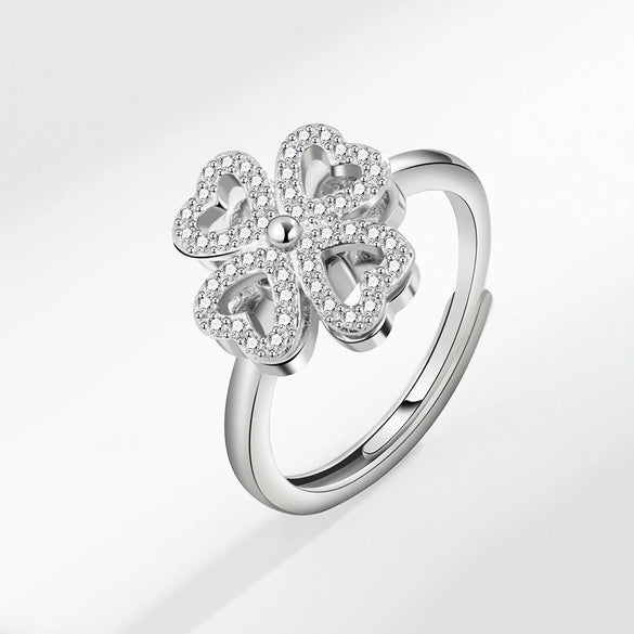 Sterling Silver Rotating Clover Ring For Women Electroplated Adjustable Open Band Anxiety Relief Spinner Ring
