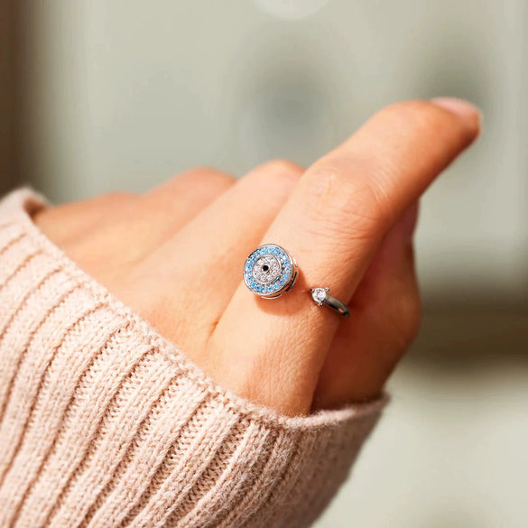 Sterling Silver Rotating Devil Eye Zircon Adjustable Opening Ring Geometric Style Electroplated For Women