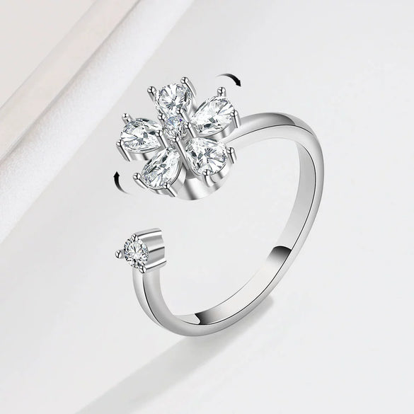 Sterling Silver Rotating Flower Adjustable Open Ring For Women Geometric Floral Design Electroplated Fashion Jewelry
