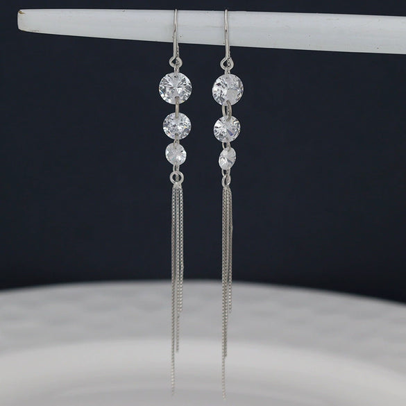 925 Sterling Silver Round Zircon Tassel Earrings For Women Simple Elegant Geometric Leaf Style Light Luxury Drop Earrings
