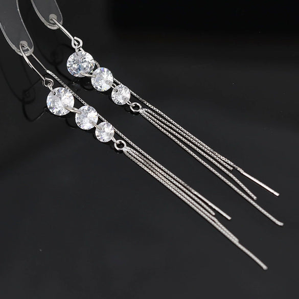 925 Sterling Silver Round Zircon Tassel Earrings For Women Simple Elegant Geometric Leaf Style Light Luxury Drop Earrings