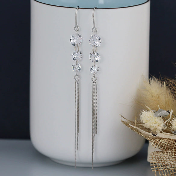 925 Sterling Silver Round Zircon Tassel Earrings For Women Simple Elegant Geometric Leaf Style Light Luxury Drop Earrings