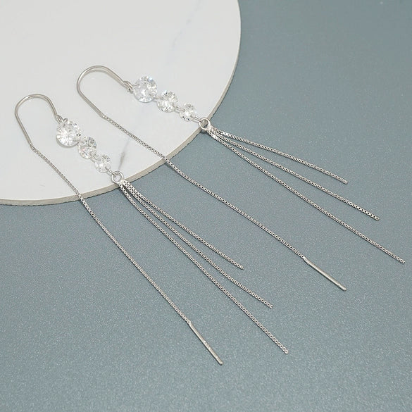 925 Sterling Silver Round Zircon Tassel Earrings For Women Simple Elegant Geometric Leaf Style Light Luxury Drop Earrings