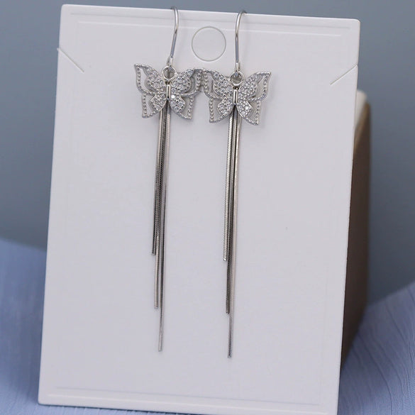 925 Sterling Silver Simple Bow Earrings For Women With Diamond Accents And Long Tassel Drop Design
