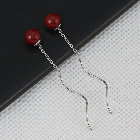 925 Sterling Silver Simple Geometric Wave Ear Line Earrings With Natural Cinnabar Red Round Beads For Women Elegant Dangle Earrings