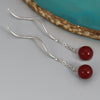 925 Sterling Silver Simple Geometric Wave Ear Line Earrings With Natural Cinnabar Red Round Beads For Women Elegant Dangle Earrings
