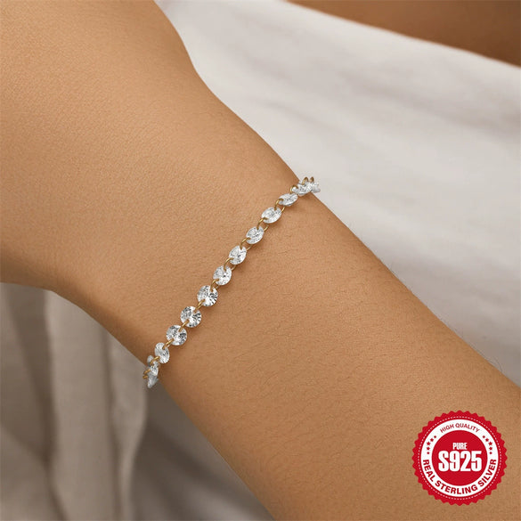 925 Sterling Silver Single Row Diamondencrusted Ostring Bracelet Geometric Style Electroplated Real Gold Plated For Women