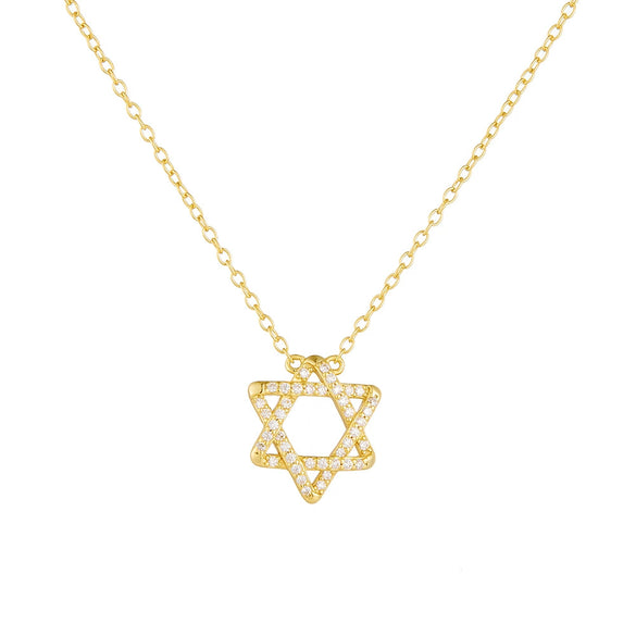 Sterling Silver Sixpointed Star Geometric Symbol Pendant Necklace With Microinlaid Zircon And Cross Chain For Women