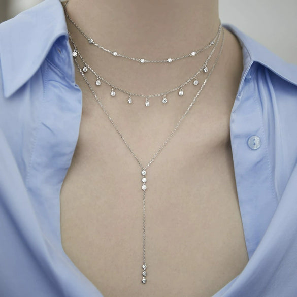 925 Sterling Silver Stacked Zircon Necklace Geometric Style High End Jewelry