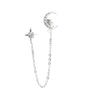 Sterling Silver Star And Moon Double Piercing Linked Tassel Earrings With Electroplated Finish For Women