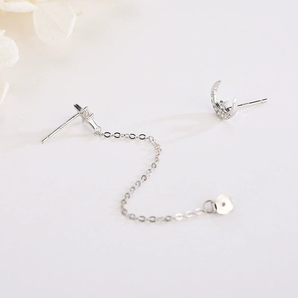 Sterling Silver Star And Moon Double Piercing Linked Tassel Earrings With Electroplated Finish For Women