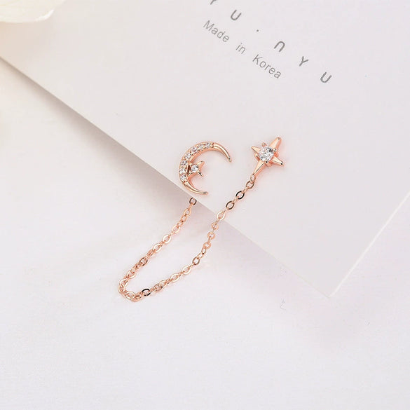 Sterling Silver Star And Moon Double Piercing Linked Tassel Earrings With Electroplated Finish For Women