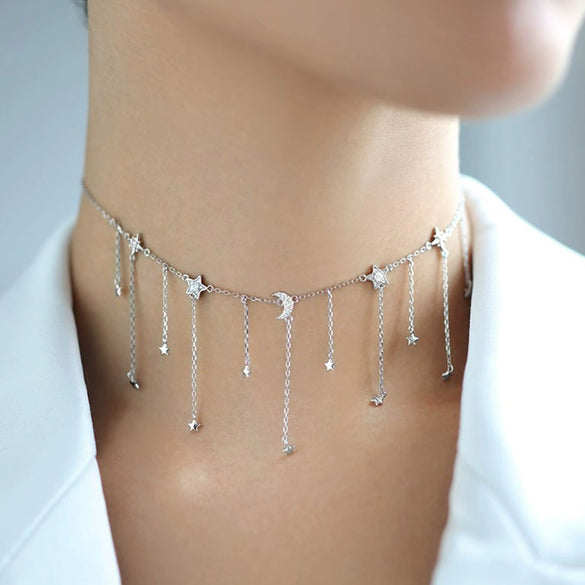 925 Sterling Silver Star And Moon Tassel Necklace