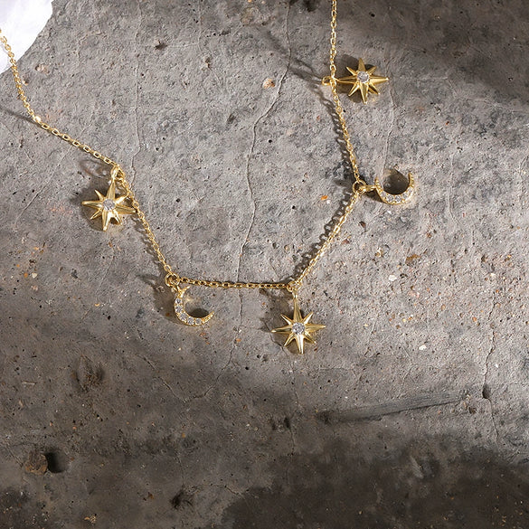 925 Sterling Silver Star Clavicle Stacked Necklace With Electroplating And Cross Chain Style
