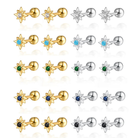 925 Sterling Silver Star Diamond Piercing Screw Earrings Unisex