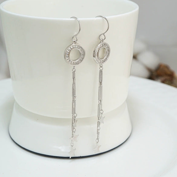 925 Sterling Silver Star Hoop Earrings For Women Elegant Long Tassel Dangle Earrings With Polished Flashy Finish Jewelry